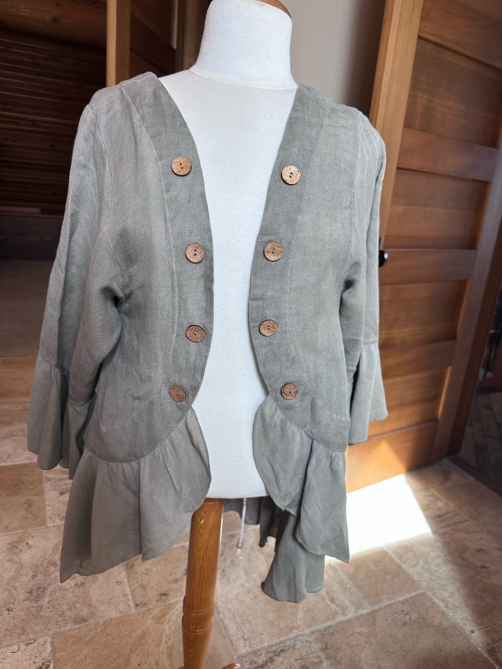 Crosstree Lane - Gray Linen Blend Ruffle Open Front Jacket